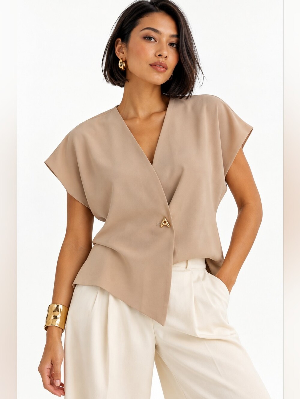 COMMENSE Beige Asymmetrical Wrap Blouse Gold Accent Top Size S